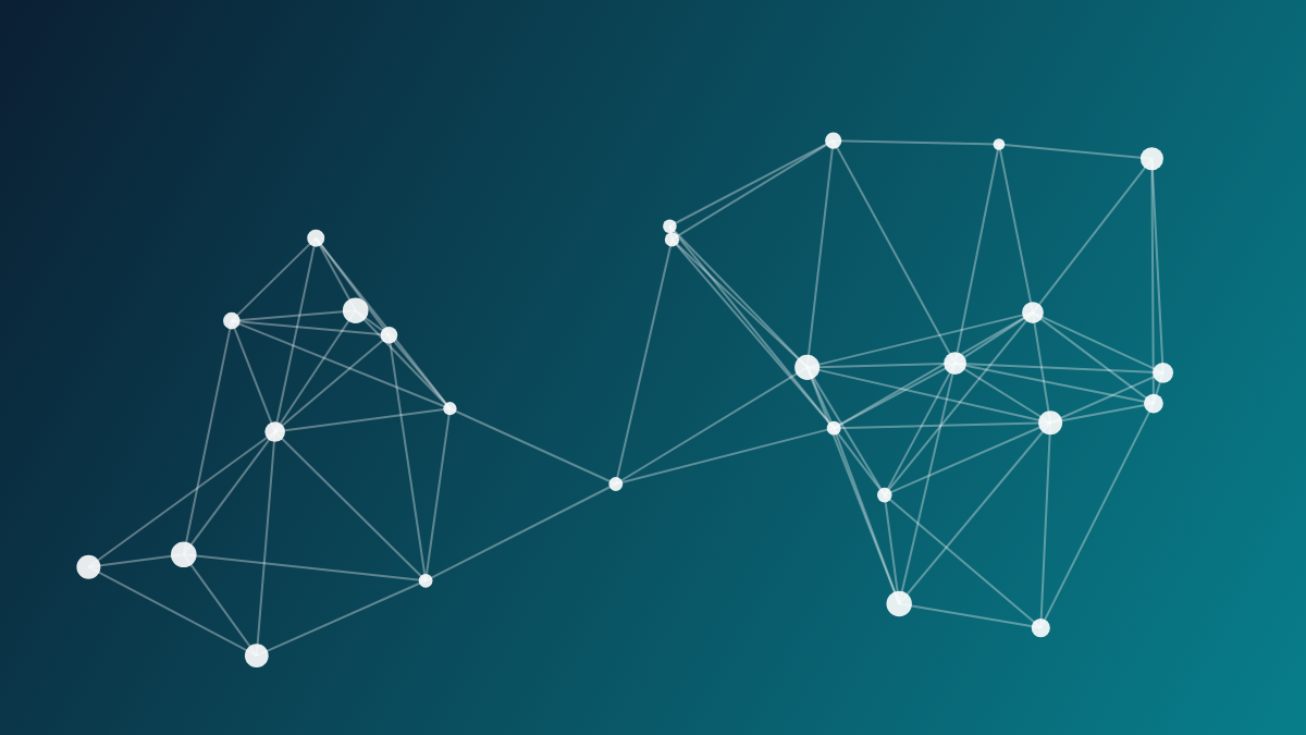 Abstract diagram of connected nodes representing federated data domains (synthetic test illustration)