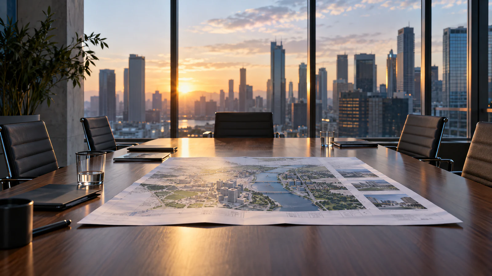 A large printed city plan lies on a polished boardroom table set with chairs and water glasses, with a city skyline and a low sun beyond the windows.