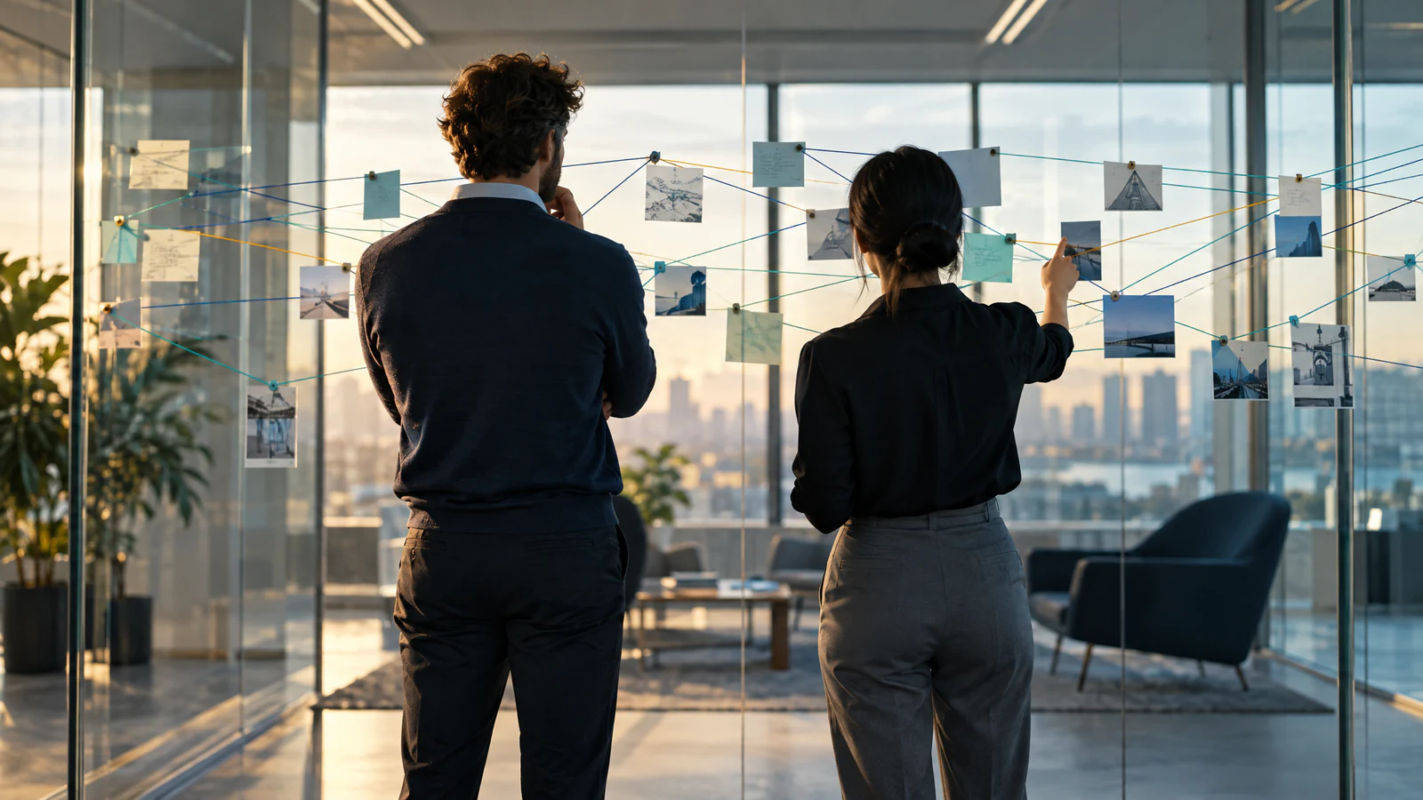 Two colleagues, seen from behind, study cards and photographs pinned to a glass wall and joined by coloured threads, with a city skyline beyond.