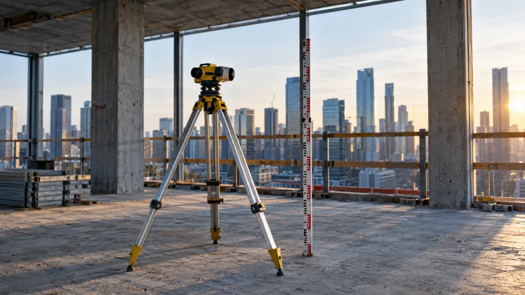 A yellow surveyor's level on a tripod and a graduated measuring staff stand on the bare concrete floor of an unfinished building, with a city skyline behind.