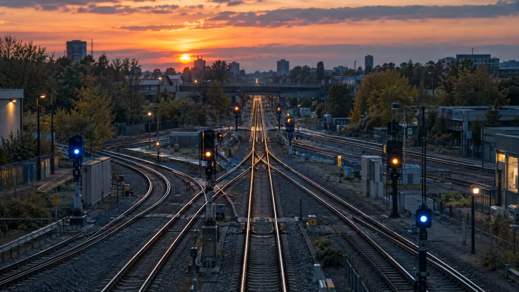 A railway junction seen from above at dusk, its tracks converging on one line towards a low sun, with blue and amber signal lights beside them.
