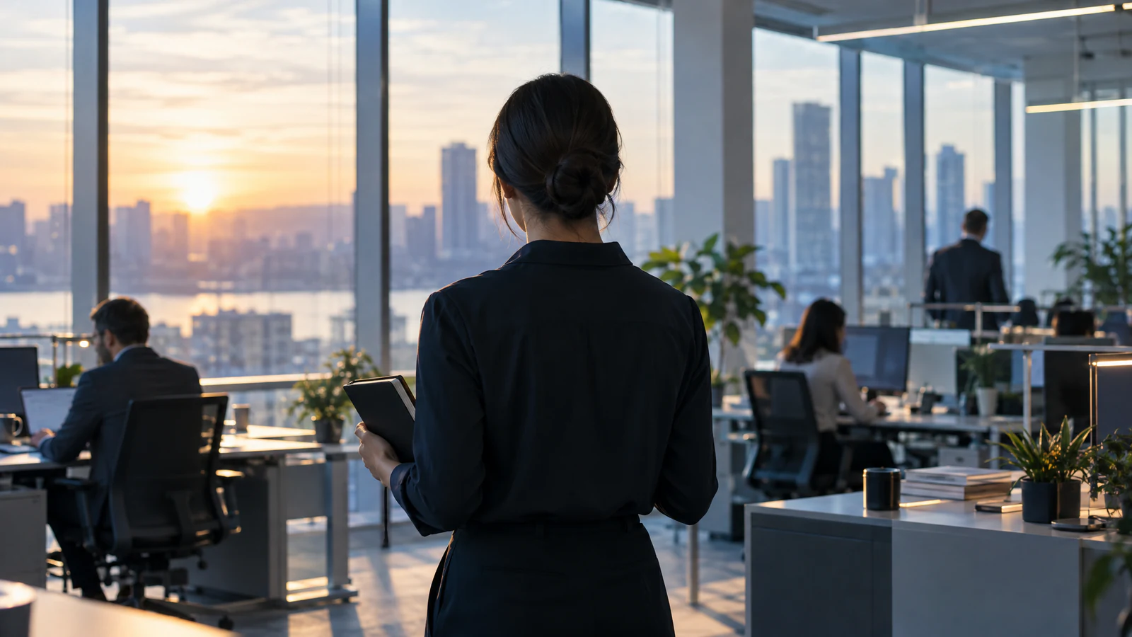 A person seen from behind holds a notebook and looks across an open-plan office where colleagues work at desks, with a city skyline and a low sun beyond.