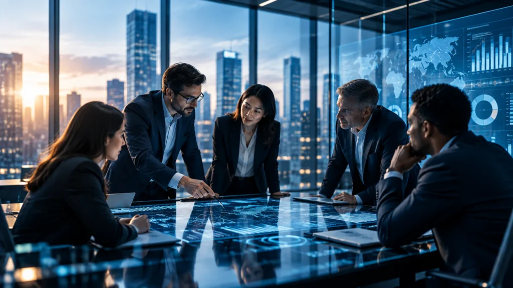 Five colleagues gathered around a glass table of data displays in a high-rise meeting room at dusk, one pointing out a detail.