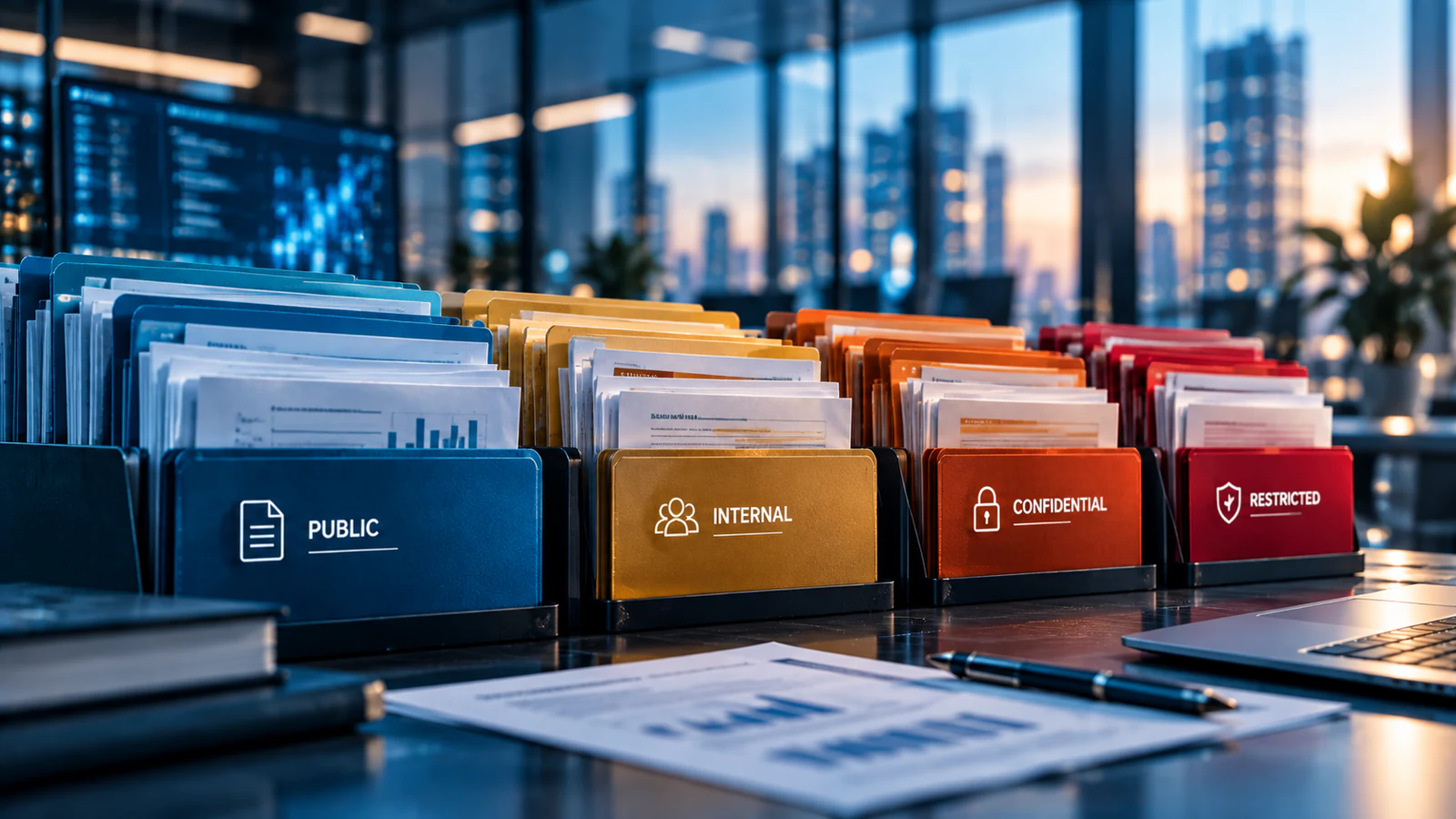 Four colour-coded sets of document folders in a row, labelled Public, Internal, Confidential and Restricted.