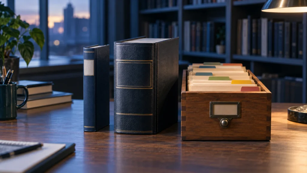 A slim bound volume, a thick reference volume and a wooden card-index drawer of coloured dividers on a library desk at dusk.