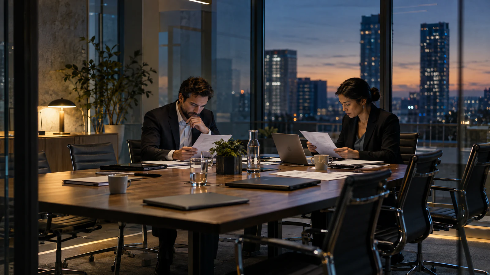 Two colleagues reading papers at a large meeting table at dusk, surrounded by empty chairs, with a city skyline behind them.