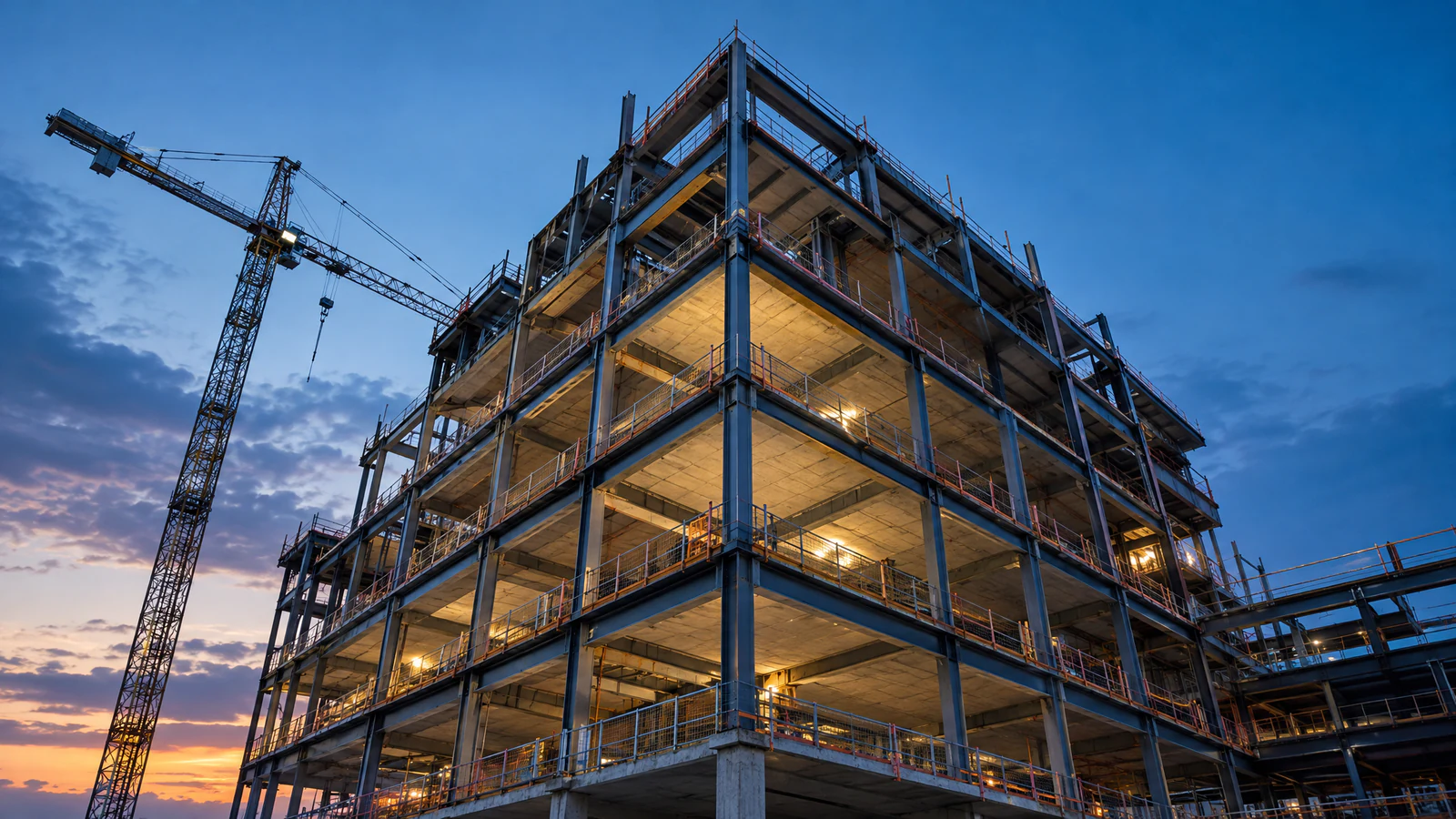 A multi-storey steel-framed building under construction, lit from within at dusk and seen from below, with a tower crane beside it against a deep blue sky.