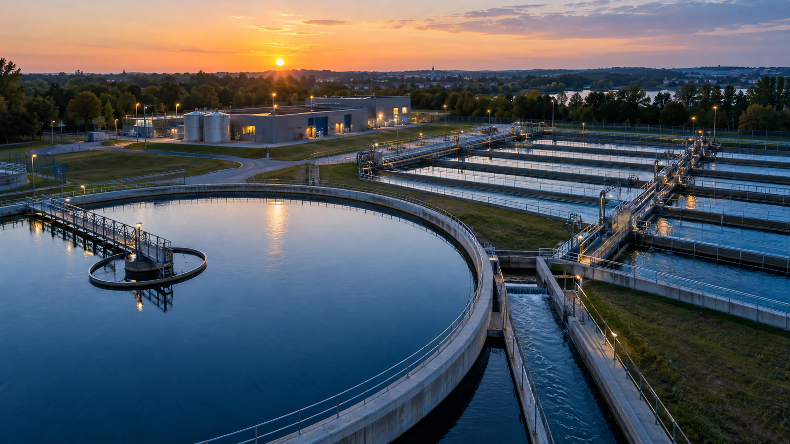 A water treatment works seen from above at sunset, with a large circular tank beside rows of rectangular basins and a channel of flowing water between them.