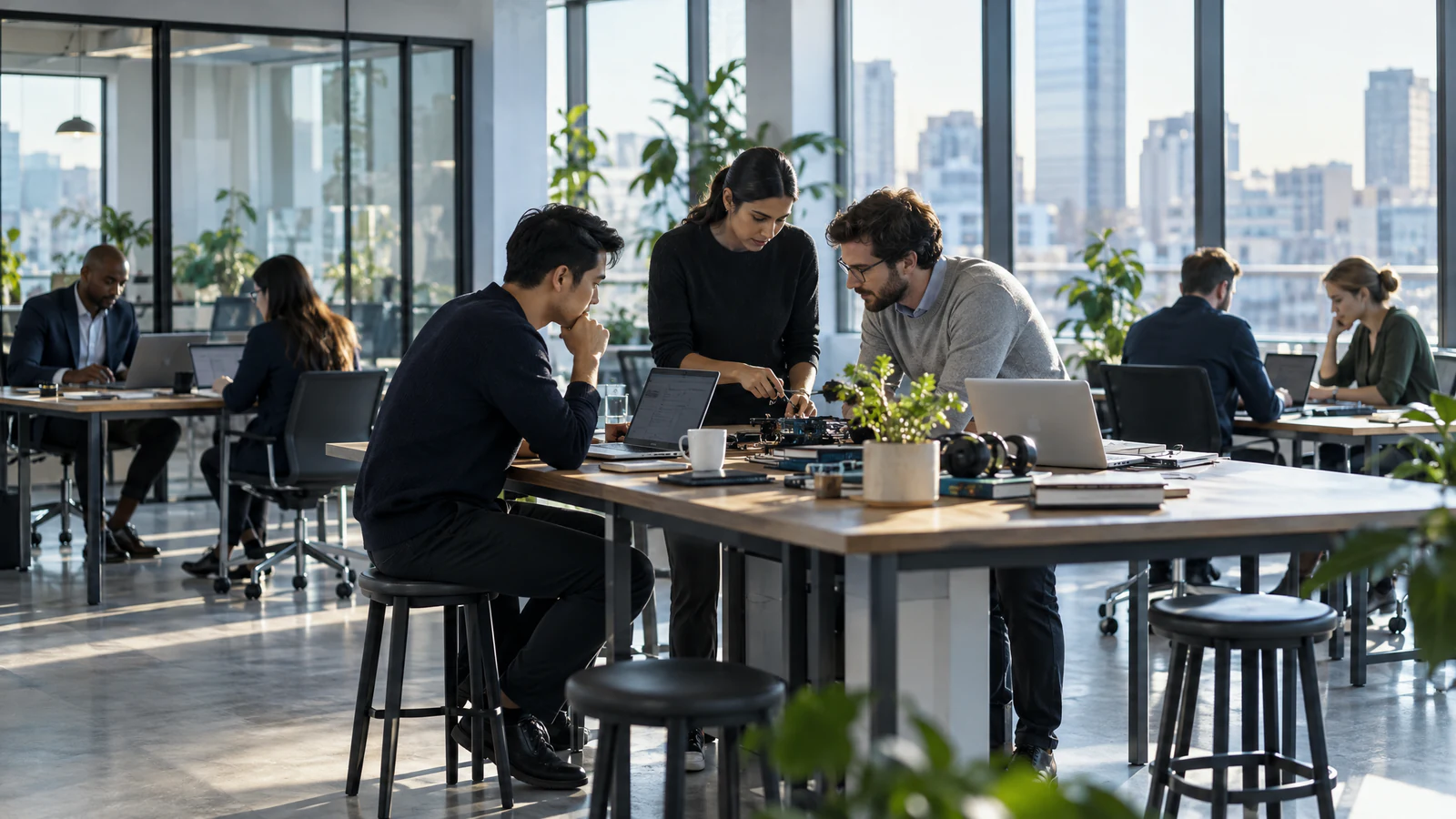 Three colleagues work together at a high table with laptops and equipment in an open-plan office, while others work at desks beside tall windows over a city.