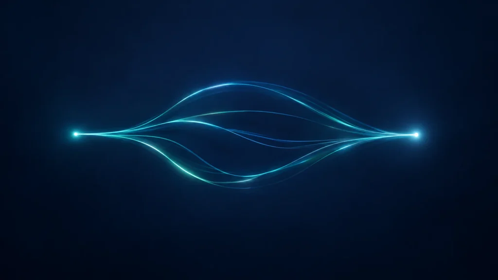 Fine lines of blue and teal light spread from one bright point, curve apart and converge on a second bright point, against a dark navy background.