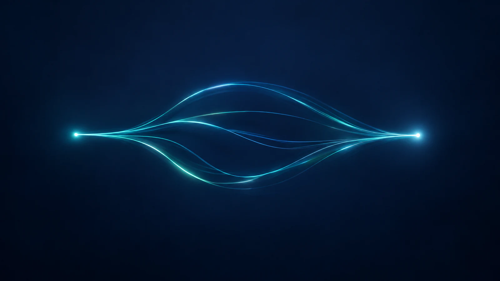 Fine lines of blue and teal light spread from one bright point, curve apart and converge on a second bright point, against a dark navy background.