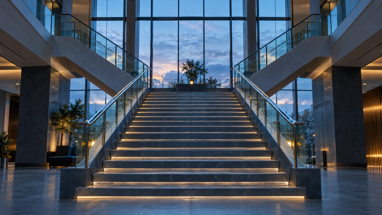A broad stone staircase in a glass-walled atrium rises to a landing and divides into two flights leading left and right, with an evening sky beyond the windows.