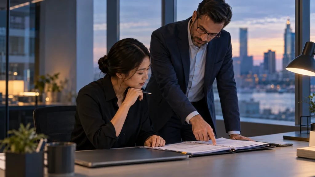 A standing colleague points to a page in an open binder while a seated colleague looks on, at a desk in an office at dusk with a city skyline behind.