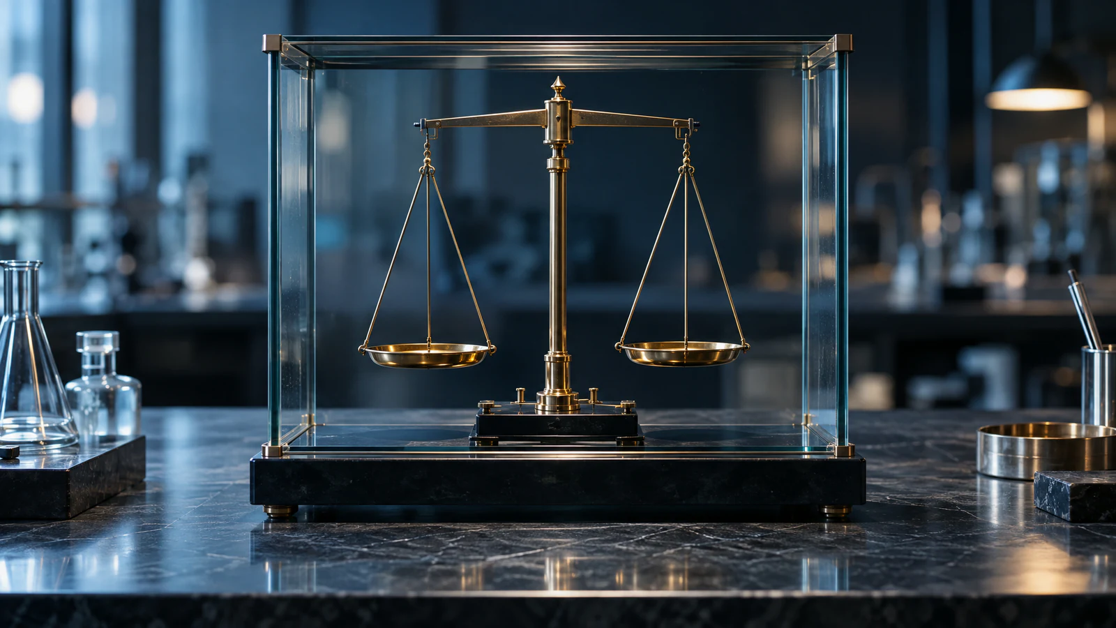 A brass two-pan balance stands level inside a glass case on a dark stone laboratory bench, with glass flasks to one side and a dim workroom behind.