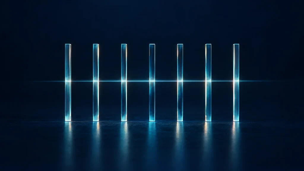 Seven upright bars of blue light stand in a row on a dark navy surface, joined by a single thin horizontal line of light at the same height.