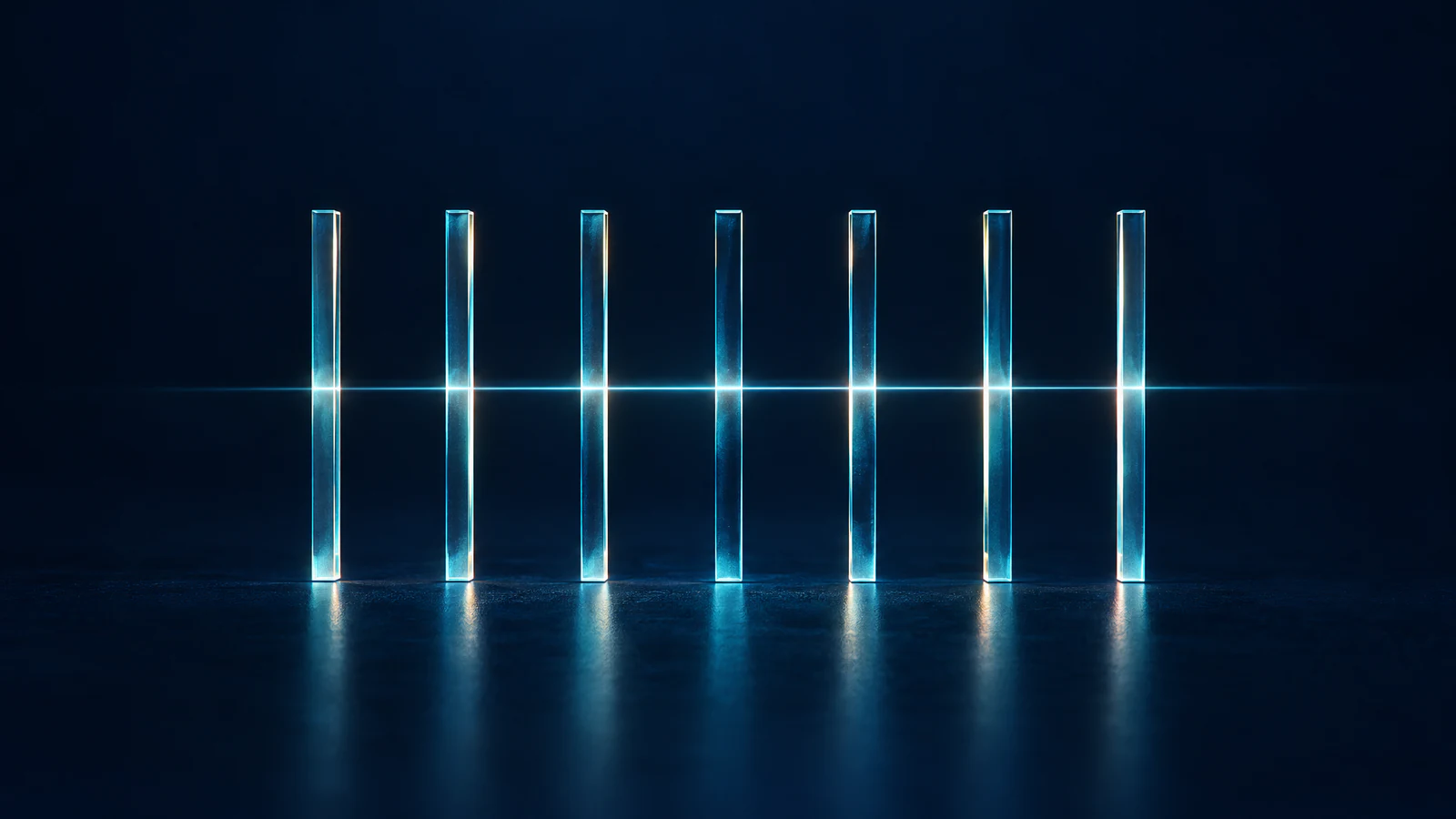 Seven upright bars of blue light stand in a row on a dark navy surface, joined by a single thin horizontal line of light at the same height.