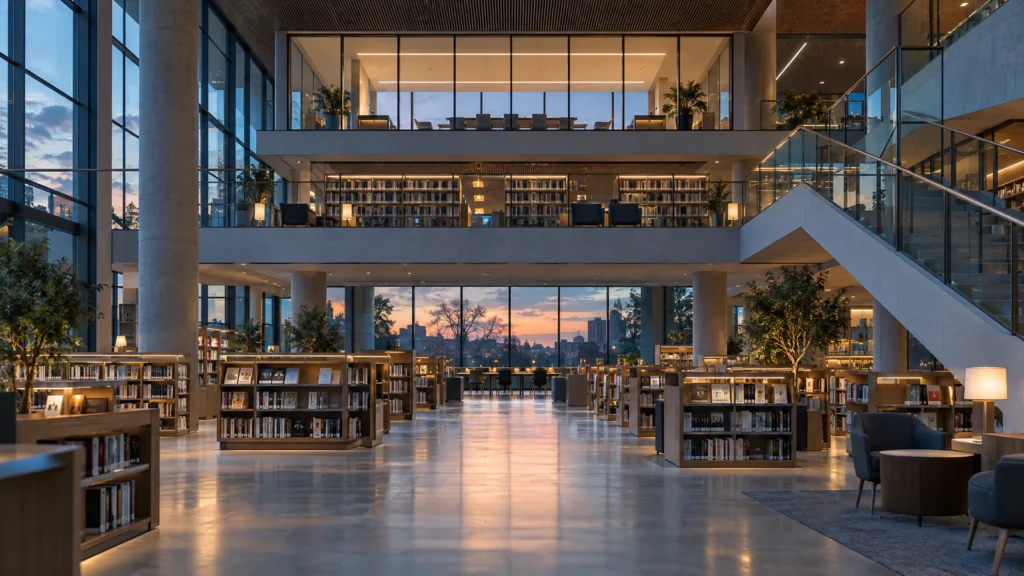A modern library interior at dusk with open bookshelves across the ground floor, a staircase to a mezzanine and a glass-walled room above.