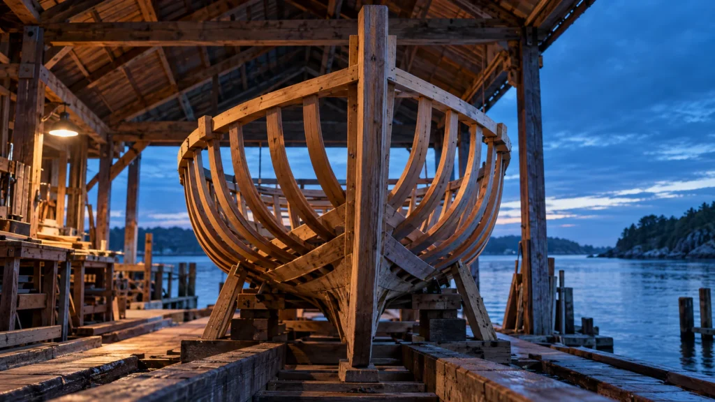 The keel and curved wooden ribs of a boat under construction stand on a slipway in an open-sided boatshed at dusk, with calm water and wooded shores beyond.