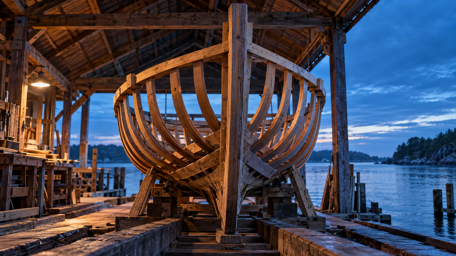 The keel and curved wooden ribs of a boat under construction stand on a slipway in an open-sided boatshed at dusk, with calm water and wooded shores beyond.