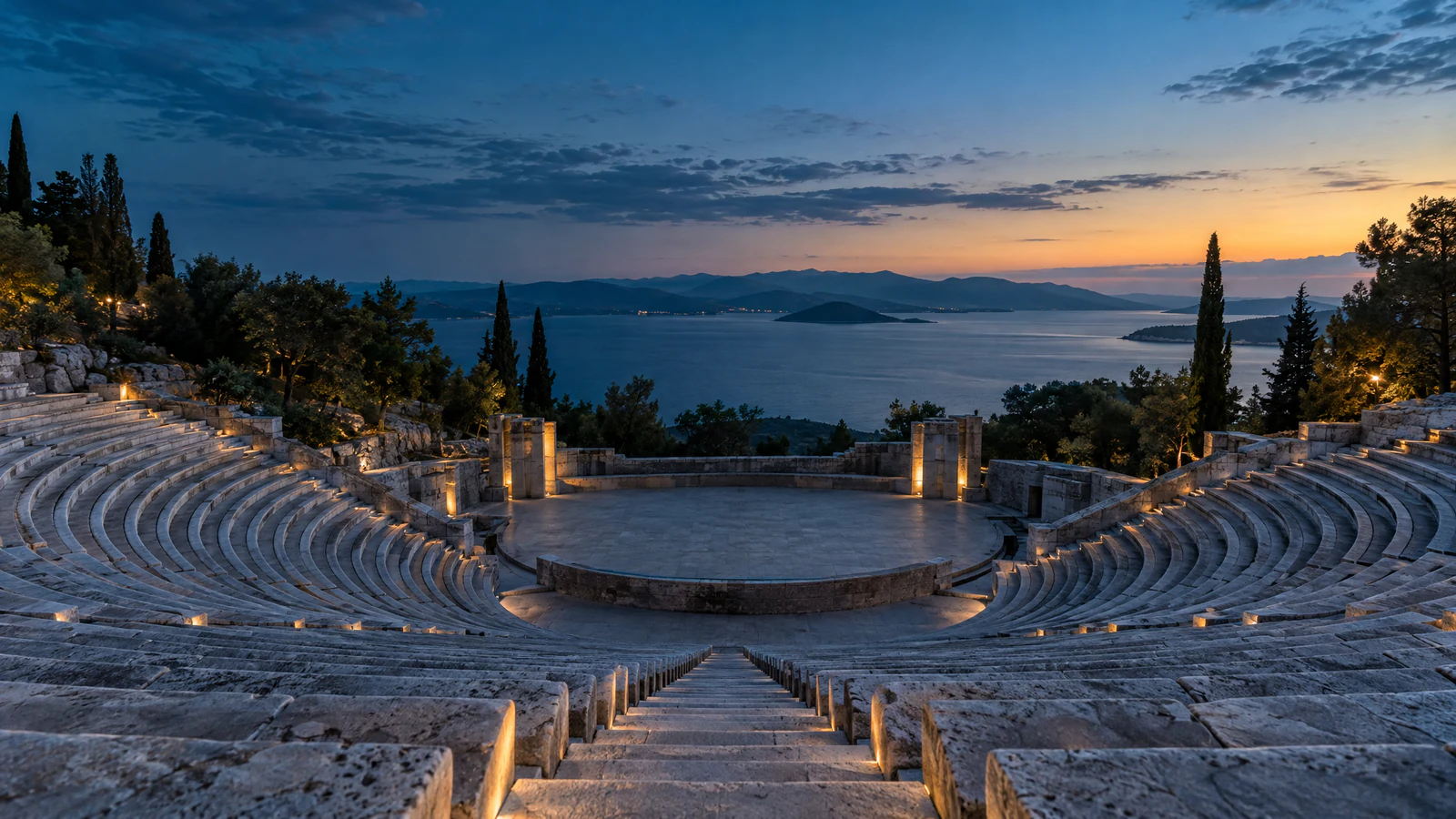 Curved rows of empty stone seats in an open-air amphitheatre descend to a bare stage at dusk, with the sea and distant islands beyond.