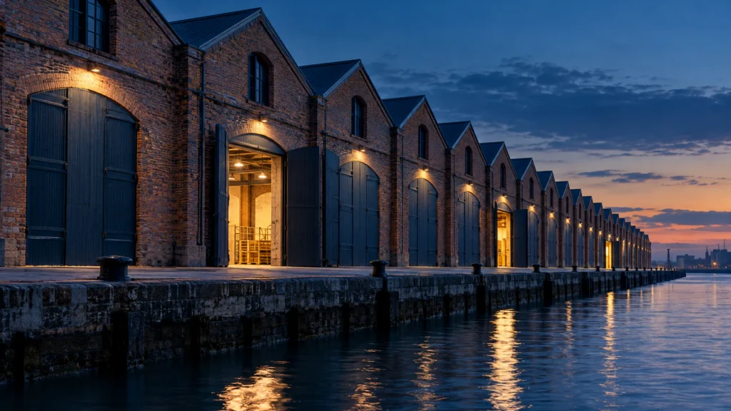 A long row of gabled brick warehouses along a quay at dusk, most with dark shutters closed and a few doorways open and lit, reflected in the water.