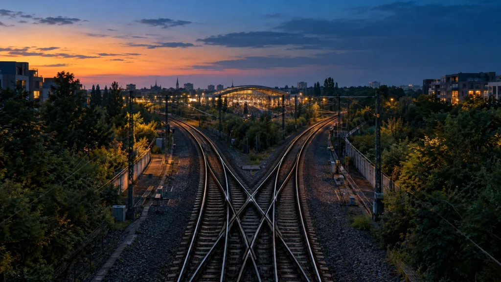 Railway tracks seen from above at dusk cross and divide into two curving routes that both lead toward a lit station in the distance.