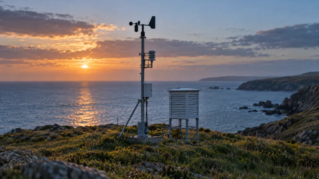 A weather station on a grassy headland at sunset, with an anemometer mast and a white louvred instrument shelter above the sea.