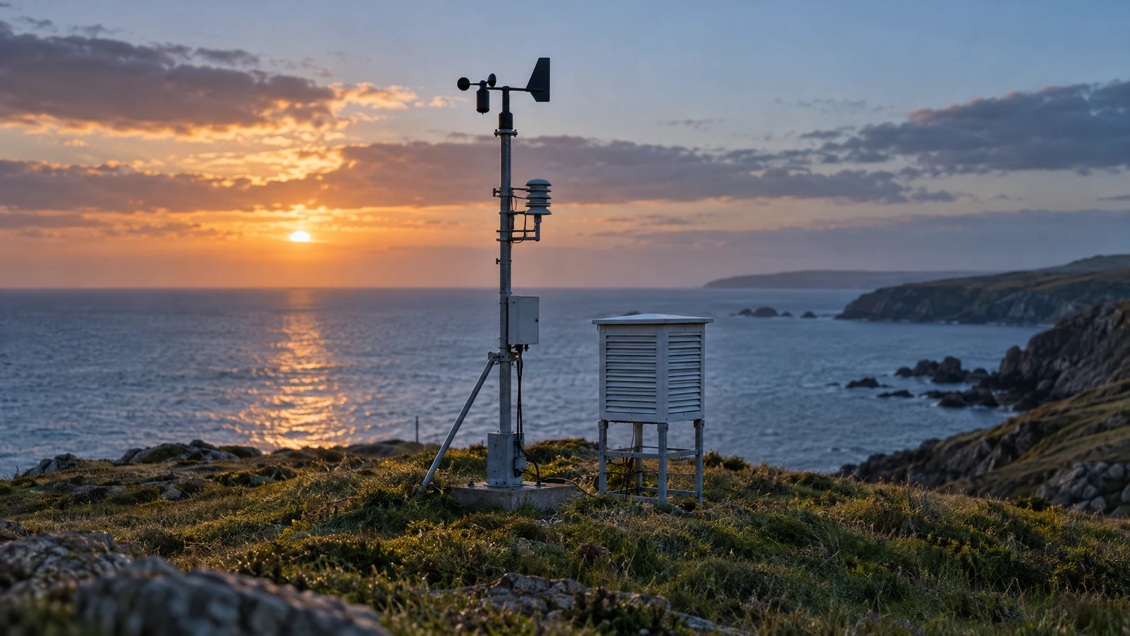 A weather station on a grassy headland at sunset, with an anemometer mast and a white louvred instrument shelter above the sea.