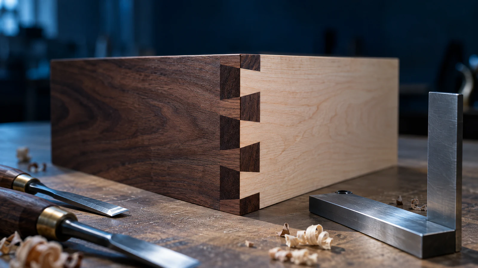 A dovetail joint in which a dark timber and a pale timber interlock exactly, on a workbench with two chisels, a steel square and wood shavings.