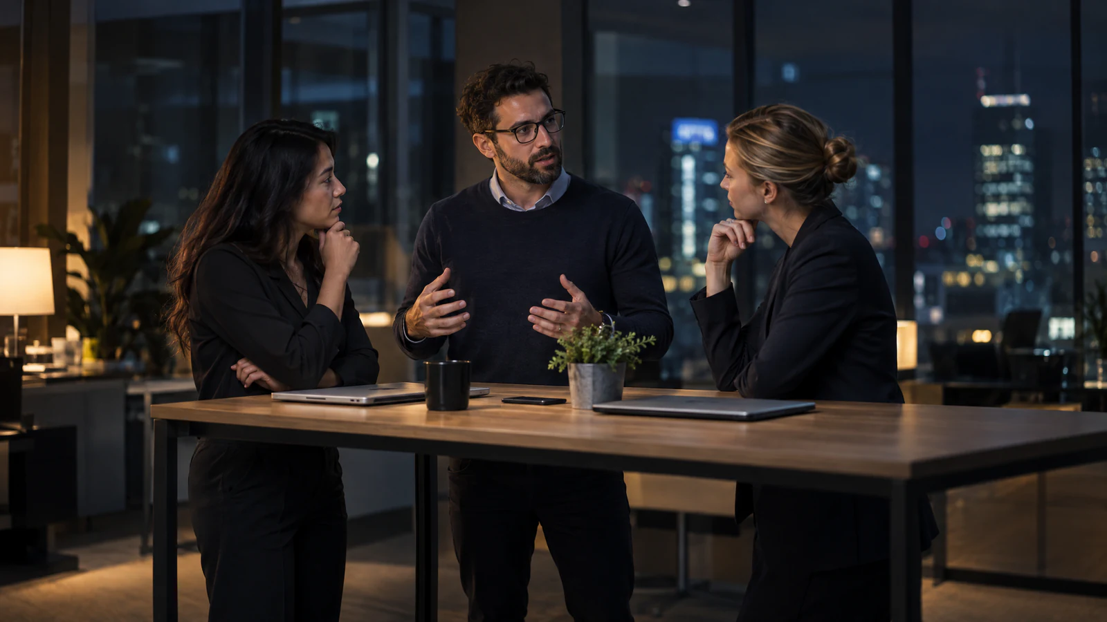 Three colleagues stand at a high table in an office at night; a man in the middle speaks with open hands while two women listen.