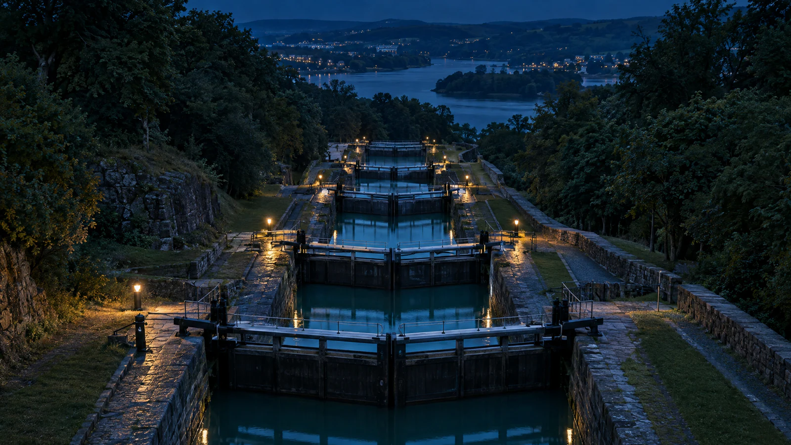 A flight of canal locks descends a wooded hillside at blue hour, seen from above, with still water behind each pair of closed gates and lamps along the sides.