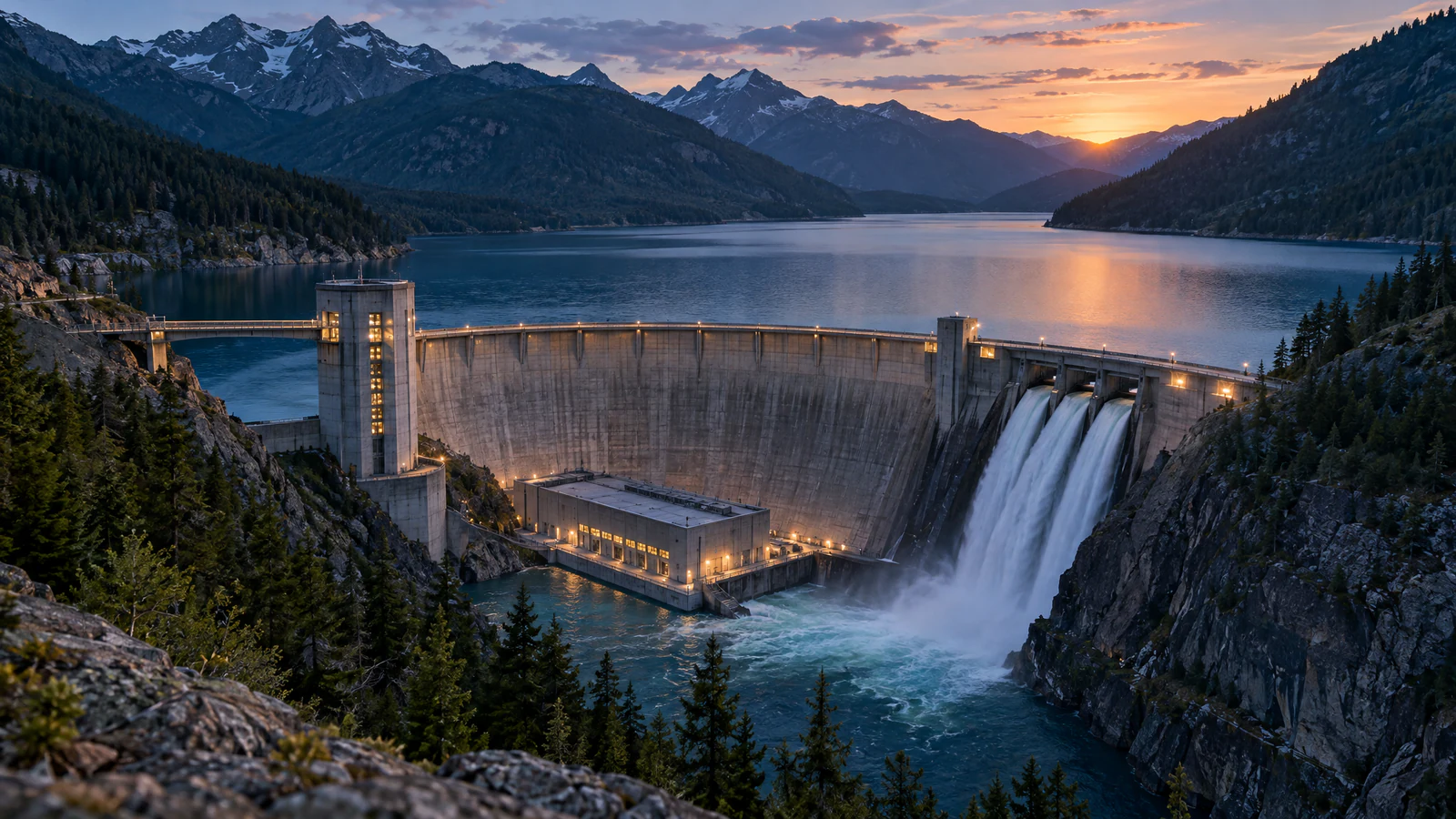 A curved concrete dam in a mountain valley at dusk, with an intake tower, water pouring down a spillway and a powerhouse at its foot.
