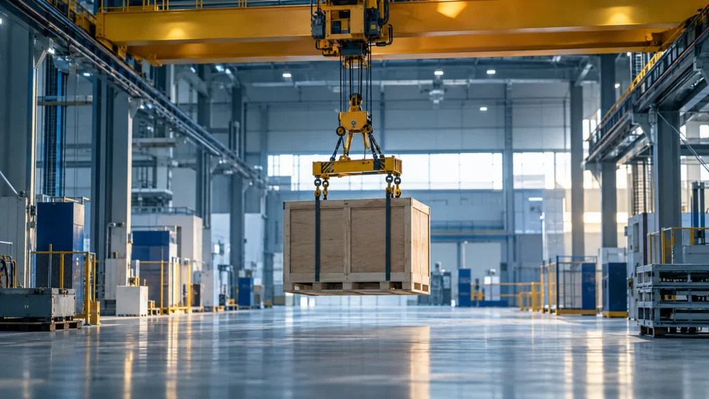 An overhead gantry crane carries a large wooden crate above the clear floor of a bright, ordered industrial hall.