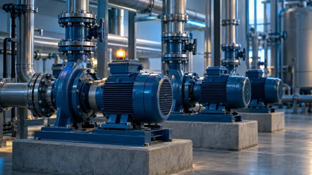 A row of blue electric pumps on concrete plinths in a clean plant room, with a small amber lamp lit on the nearest pump and steel pipework behind.